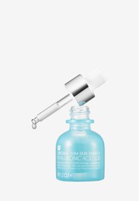 Clear glass bottle with a light blue tint, labeled "Hyaluronic Acid 100." Features a silver dropper lid with a clear pipette.