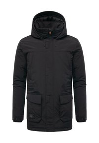 Giacca nera con cappuccio realizzata in tessuto resistente, dotata di due tasche frontali, chiusura con zip e cappuccio regolabile per una vestibilità e calore ottimali.