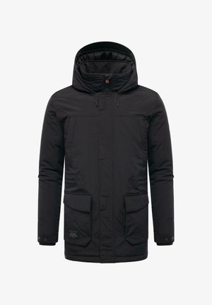 Giacca nera con cappuccio realizzata in tessuto resistente, dotata di due tasche frontali, chiusura con zip e cappuccio regolabile per una vestibilità e calore ottimali.