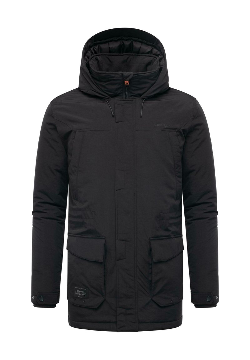 Giacca nera con cappuccio realizzata in tessuto resistente, dotata di due tasche frontali, chiusura con zip e cappuccio regolabile per una vestibilità e calore ottimali.