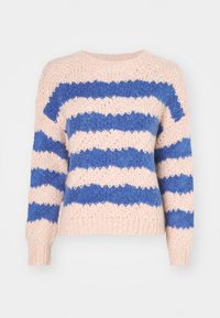 Maglione lavorato a maglia con strisce verticali rosa e blu. Texture morbida, collo rotondo e maniche lunghe con polsini e bordo a coste.