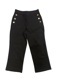 Pantaloni cropped neri realizzati in un tessuto morbido, con una vita piatta e tre bottoni decorativi dorati sul lato sinistro.