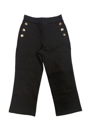 Pantalons noirs coupés en tissu doux, dotés d'une taille plate et de trois boutons décoratifs dorés sur le côté gauche.