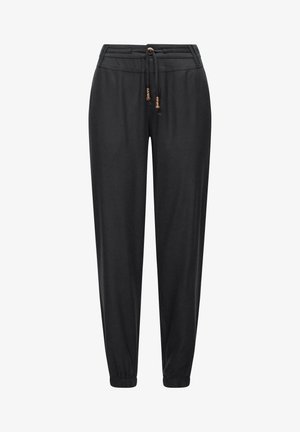 Pantalon de jogging noir en tissu doux, doté d'une ceinture élastique avec un cordon de serrage et de poignets élastiques aux chevilles.