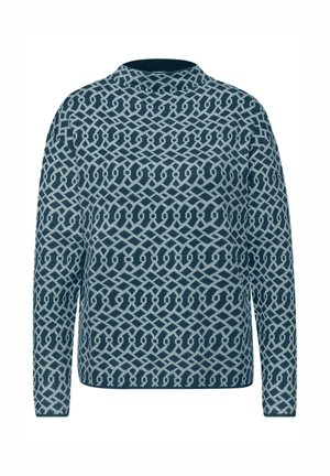 Maglione lavorato a maglia con motivo geometrico in blu chiaro e blu navy. Ha un collo alto e maniche lunghe con una vestibilità rilassata.