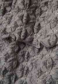 Tissu en dentelle grise avec un motif floral texturé, présentant des détails en dentelle et une apparence douce et délicate.