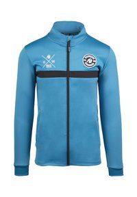 Blauwe zip-up jack gemaakt van rekbaar materiaal. Heeft een zwarte horizontale streep, logo op de borst en een hoge kraag. Lange mouwen met ribgebreide boorden.