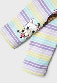 Multikleurige gestreepte leggings van zachte katoen, met een cartoon kat ontwerp en verschillende pastelkleuren van lavendel, muntgroen en geel.