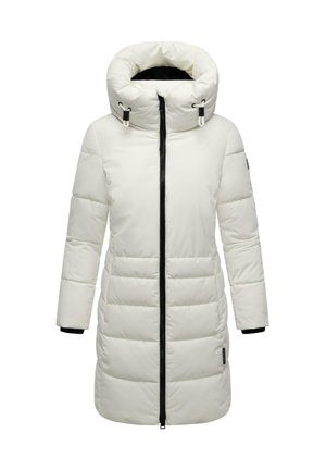 White long padded winter coat with high collar, black zipper front, and side pockets, designed for cold weather.