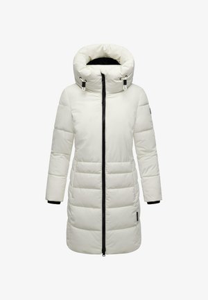 White long padded winter coat with high collar, black zipper front, and side pockets, designed for cold weather.