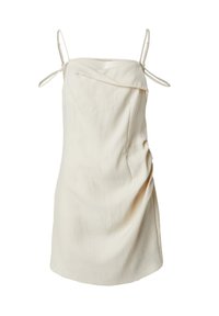 Beige Kleid mit dünnen verstellbaren Trägern, drapiertem Stoff, seitlicher Raffung und geradem Saum, gefertigt aus leichtem Material.