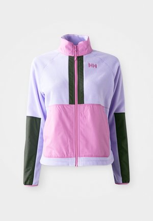 Veste en polaire lavande et rose avec des accents noirs. Dotée d'une fermeture éclair intégrale, d'un col montant et d'un design en blocs de couleurs.