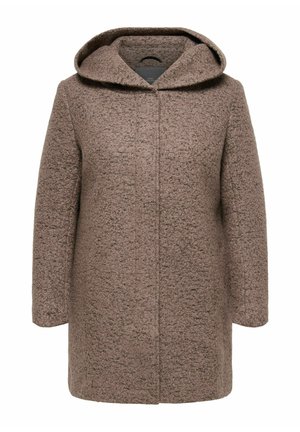 Manteau en laine marron texturé avec manches longues et capuche, fermeture à l'avant avec une couture invisible.
