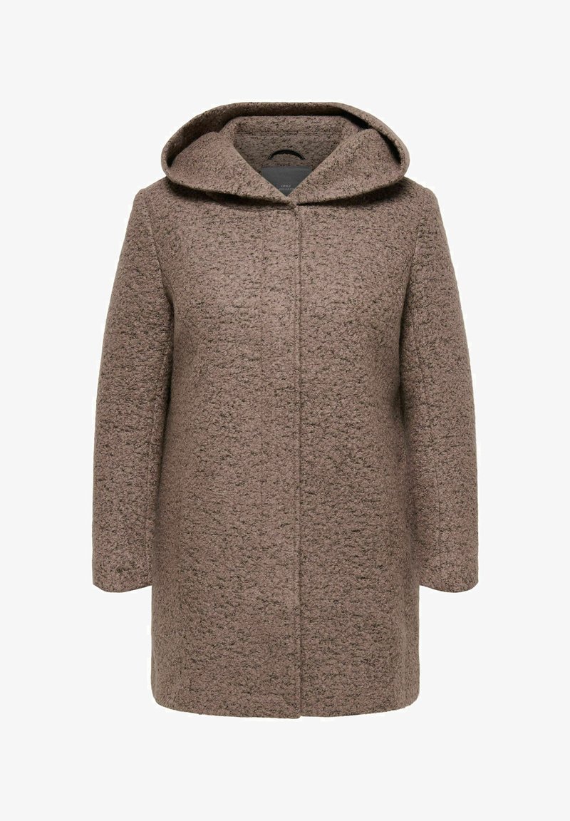 Manteau en laine marron texturé avec manches longues et capuche, fermeture à l'avant avec une couture invisible.