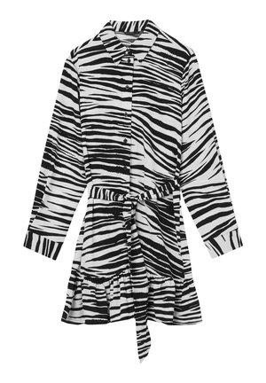 Langemouwen jurk met zwarte en witte zebraprint, kraag, knopen aan de voorkant, tailleceintuur en gerimpelde zoom.