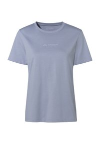 Light blue short-sleeve t-shirt made of soft fabric. Features a round neckline and subtle brand logo printed on the chest.