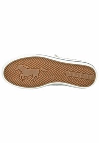 Semelle de chaussure en caoutchouc marron avec un motif en zigzag, présentant un graphique de cheval et le branding "MUSTANG" sur une plaque texturée.