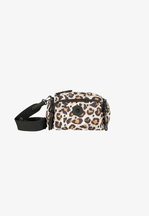 Borsa a tracolla con stampa leopardata, tracolla regolabile, scomparti con cerniera e superficie texturizzata in beige, nero e accenti arancioni.