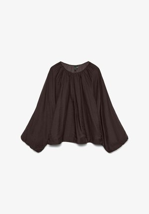 Tmavě hnědá, lehká blůza volného střihu, s kulatým výstřihem a širokými rukávy ve tvaru zvonu. Hladká textura, žádné vzory ani viditelné kovové prvky.