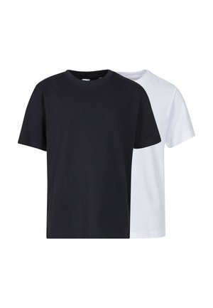 Deux t-shirts unis en coton à col rond, un noir devant et un blanc derrière, présentés sur un fond blanc.