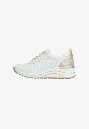 White and beige sneaker with woven side panels, lace-up front, thick sole with wave design, and metallic gold heel accent.