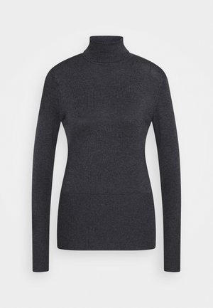 Pull col roulé gris foncé à manches longues avec une silhouette ajustée et des bords-côtes à l'ourlet et au col, présenté sur un fond blanc uni.