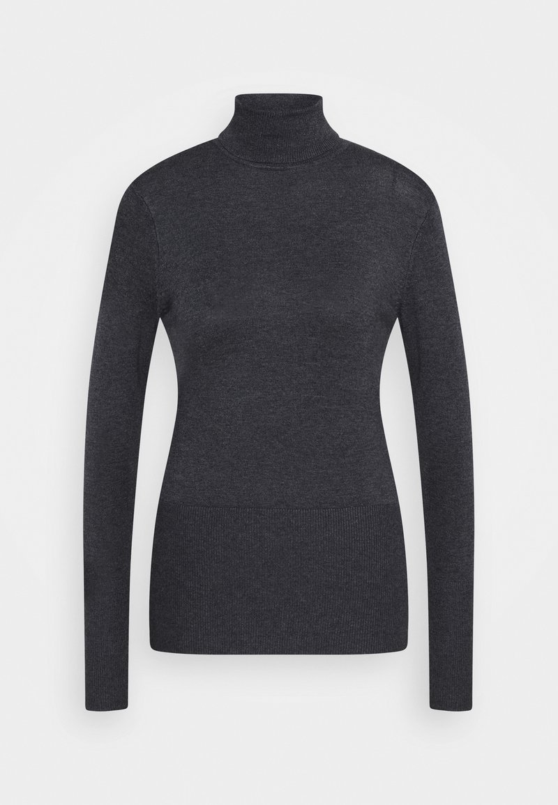 Pull col roulé gris foncé à manches longues avec une silhouette ajustée et des bords-côtes à l'ourlet et au col, présenté sur un fond blanc uni.