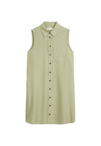 Robe sans manches de couleur vert clair avec un col, une patte de boutonnage à l'avant et une poche poitrine unique. Texture lisse et coupe droite.