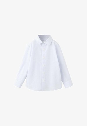 Chemise blanche à manches longues avec col et fines rayures verticales, présentée sur un fond blanc uni.