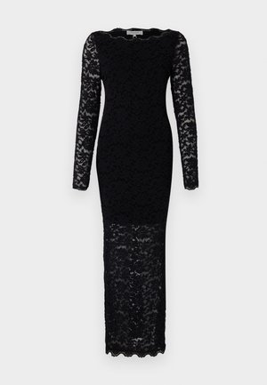 Schwarzes Spitzenkleid mit langen Ärmeln, das mit Blumenmustern verziert ist, eine figurbetonte Silhouette hat, einen Bootsausschnitt und einen gewellten Saum aufweist. Im unteren Bereich semi-transparent.