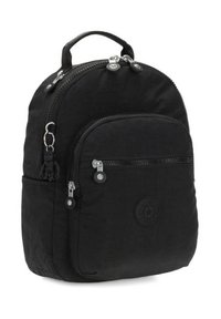 Black fabric backpack with a rounded design, a top handle, and multiple zippered pockets. Features silver hardware and a logo detail.