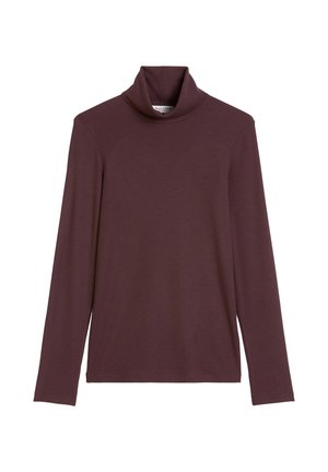 Haut à col roulé bordeaux à manches longues en tissu doux et extensible. Il présente une silhouette ajustée et un design simple sans motifs ni accessoires.