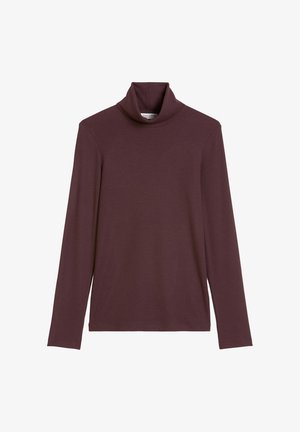 Maglione a collo alto bordeaux a maniche lunghe realizzato in tessuto morbido e elasticizzato. Presenta una silhouette aderente e un design semplice senza fantasie né accessori.