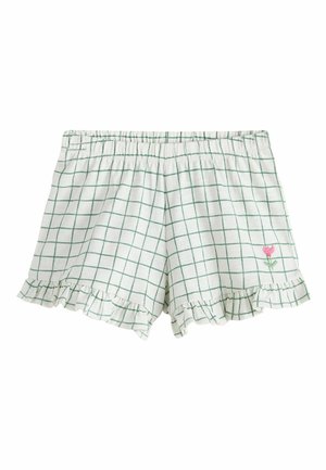 Hvide bomuldsshorts med grønt gittermønster, elastisk taljebånd, flæsekant og lille lyserød blomst broderi på højre ben.