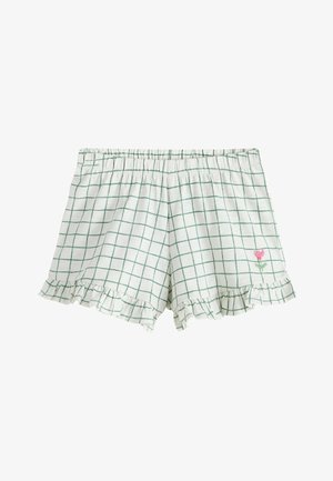 Hvide bomuldsshorts med grønt gittermønster, elastisk taljebånd, flæsekant og lille lyserød blomst broderi på højre ben.