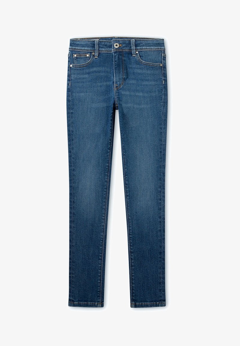 Jean slim bleu en denim avec cinq poches, fermeture par bouton et légère décoloration sur les jambes.