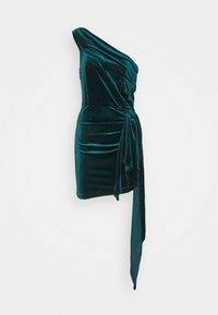 Robe en velours teal à épaule unique, asymétrique, avec un design enroulé, présentant un nœud sur le côté et une texture lisse. Longueur courte et accents drapés.