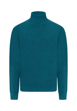 Türkiser Rollkragenpullover mit strukturiertem Strickdesign, gerippten Bündchen und Saum. Lange Ärmel, lockere Passform, glatte Oberfläche.