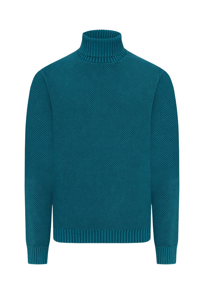 Maglione a collo alto in teal con design a maglia testurizzata, polsini e orlo a coste. Maniche lunghe, vestibilità comoda, finitura liscia.