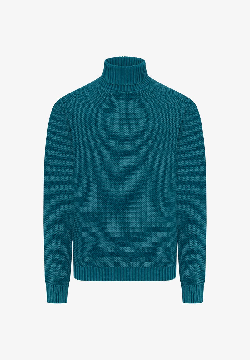 Turquoise coltrui met een textuur gebreide ontwerp, geribbelde manchetten en zoom. Lange mouwen, ruime pasvorm, gladde afwerking.