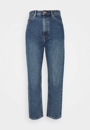 Blauwe denim jeans met een hoge taille en rechte pijp, knoop- en ritssluiting en vijfzakkenontwerp.