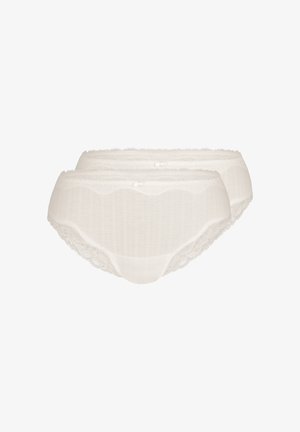 Zwei weiße Damen-Slips mit Spitzenbesatz, kleinen Schleifen vorne und dezenten vertikalen Streifenmustern, nebeneinander präsentiert.