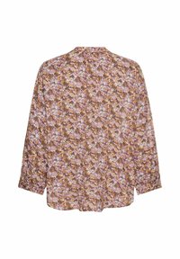 Langærmet bluse med et blomsterprint i lilla, brun og orange nuancer, med en rund halsudskæring og buet kant.
