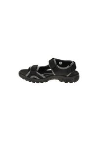 Schwarze Outdoorsandalen mit verstellbaren Riemen, einer strukturierten Gummisohle und grauen Nähakzenten. Entwickelt für Komfort und Langlebigkeit.