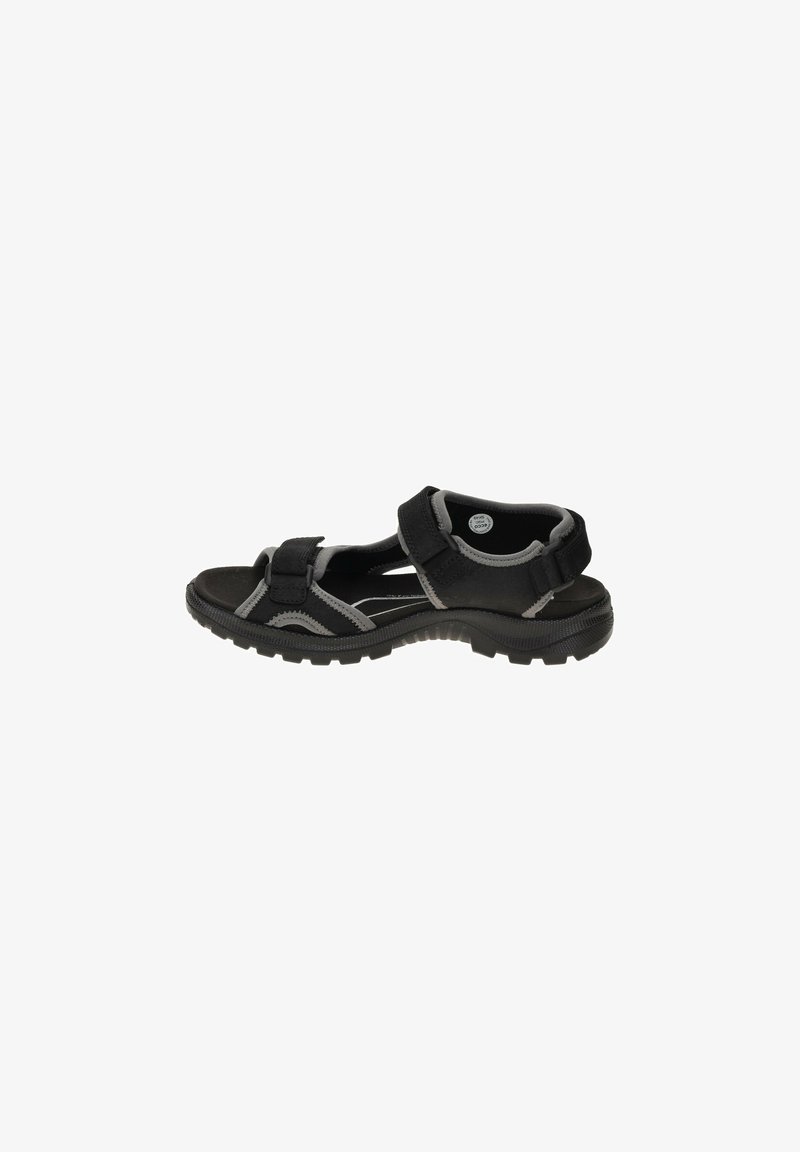 Schwarze Outdoorsandalen mit verstellbaren Riemen, einer strukturierten Gummisohle und grauen Nähakzenten. Entwickelt für Komfort und Langlebigkeit.
