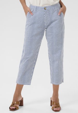 Pantaloni a righe blu e bianchi, taglio cropped, con vita aderente, tasche frontali e chiusura con bottone dorato, realizzati in tessuto leggero.