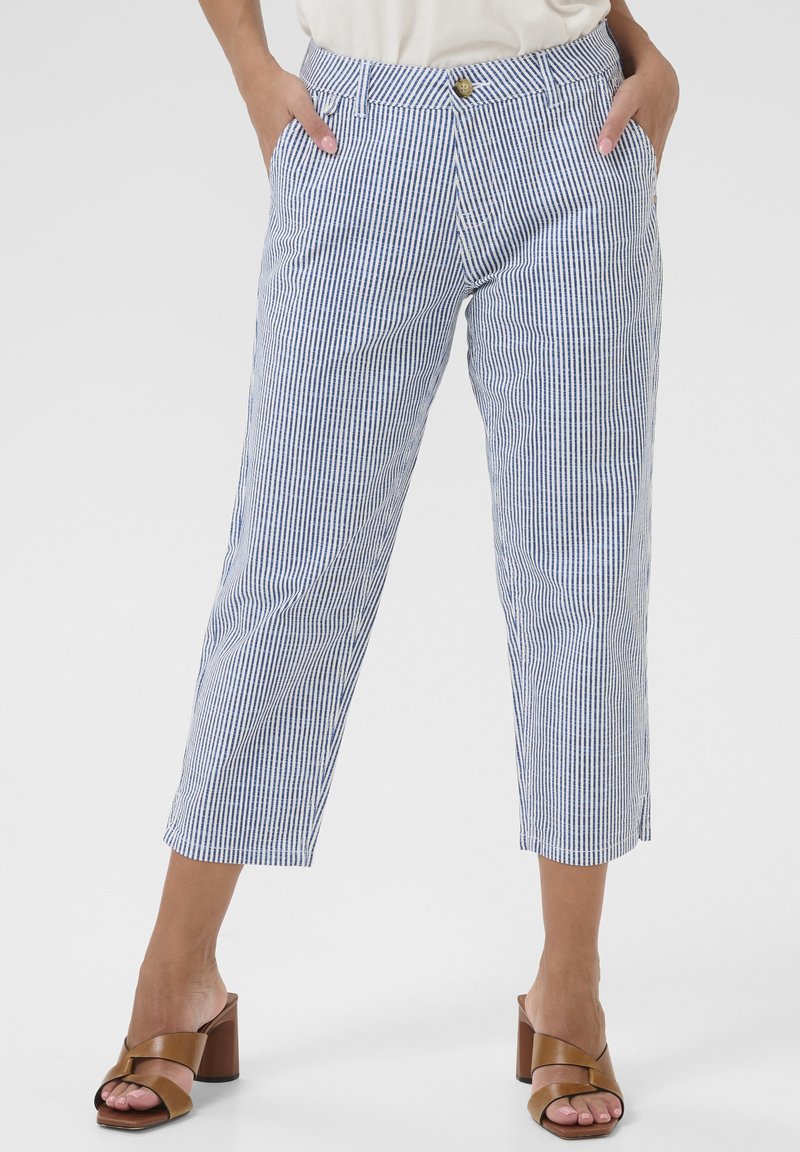 Blue and white striped cropped pants with a fitted waist, front pockets, and a gold button closure, made from lightweight fabric.