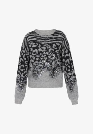 Suéter gris con estampados de animales negros, adornado con lentejuelas en la parte inferior. Cuenta con mangas largas y un escote redondo.