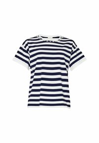 Camiseta a rayas en azul marino y blanco con mangas cortas, cuello redondo y acento decorativo de cuentas alrededor del cuello. Material de algodón suave.