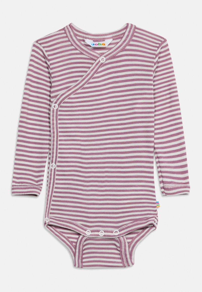 Βρεφικό κορμάκι με μακριά μανίκια, οριζόντιες ροζ και λευκές ρίγες, κουμπιά μπροστά και στη βουβωνική περιοχή για εύκολο ντύσιμο και αλλαγή της πάνας.